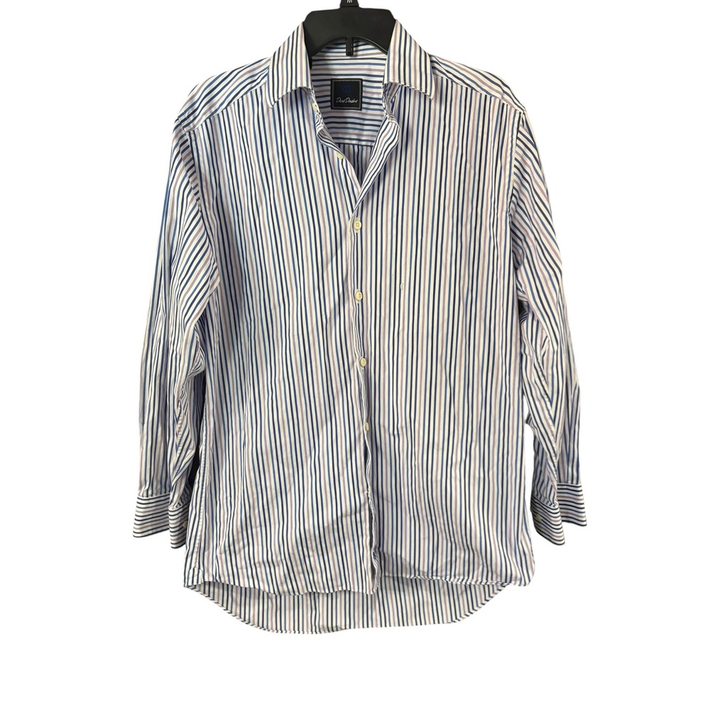 David‎ Donahue Mens Blue White Striped Long Sleeve Spread Collar Dress Shirt M